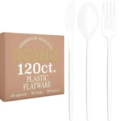 Trendables Disposable Silverware Set - Wedding Plastic Cutlery Dinnerware - Includes modern Forks, Plastic Spoons, disposable Knives - reflective Plastic Utensils Party Set