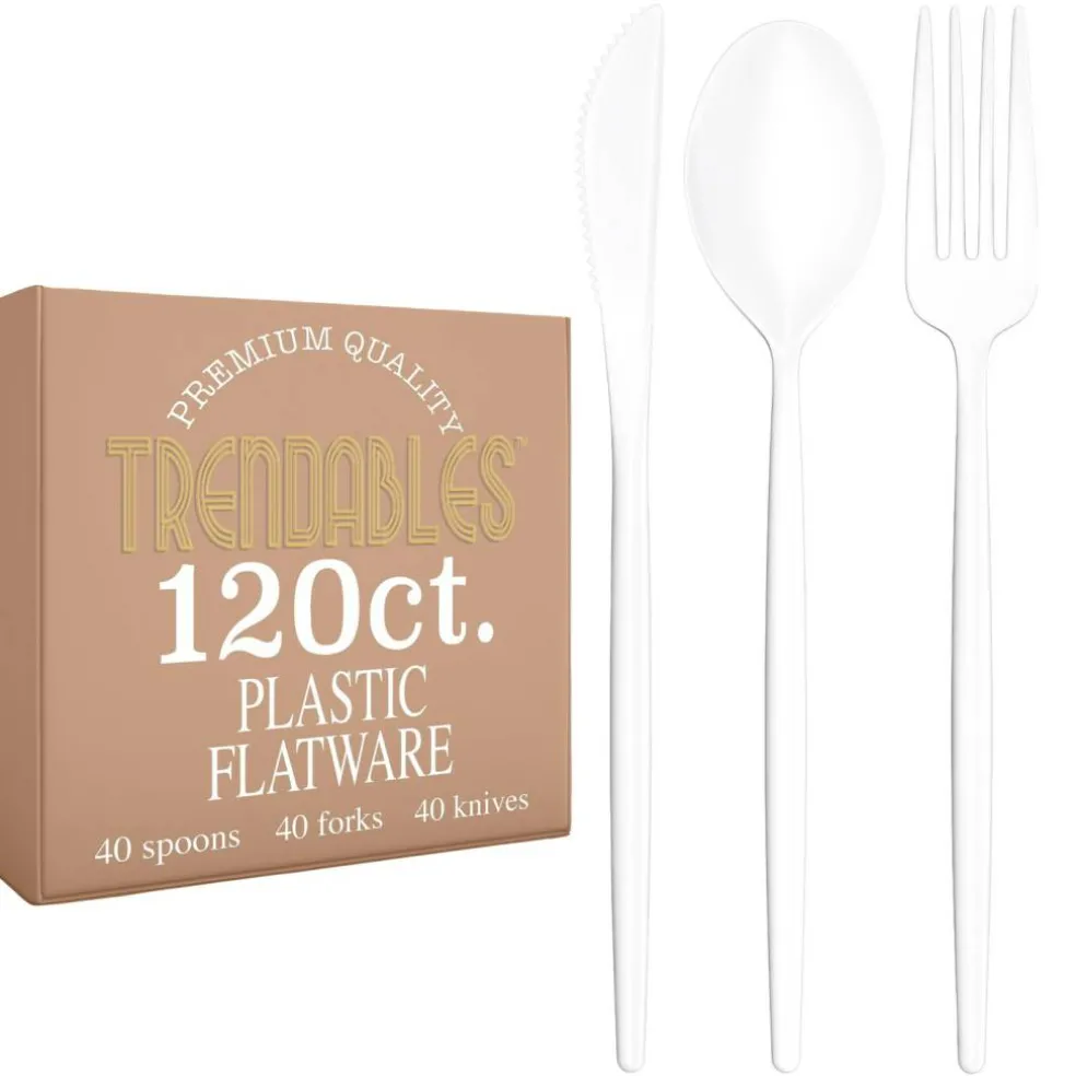 Trendables Disposable Silverware Set - Wedding Plastic Cutlery Dinnerware - Includes modern Forks, Plastic Spoons, disposable Knives - reflective Plastic Utensils Party Set