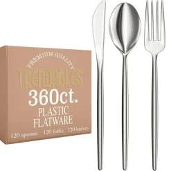 Trendables Disposable Silverware Set - Wedding Plastic Cutlery Dinnerware - Includes modern Forks, Plastic Spoons, disposable Knives - reflective Plastic Utensils Party Set