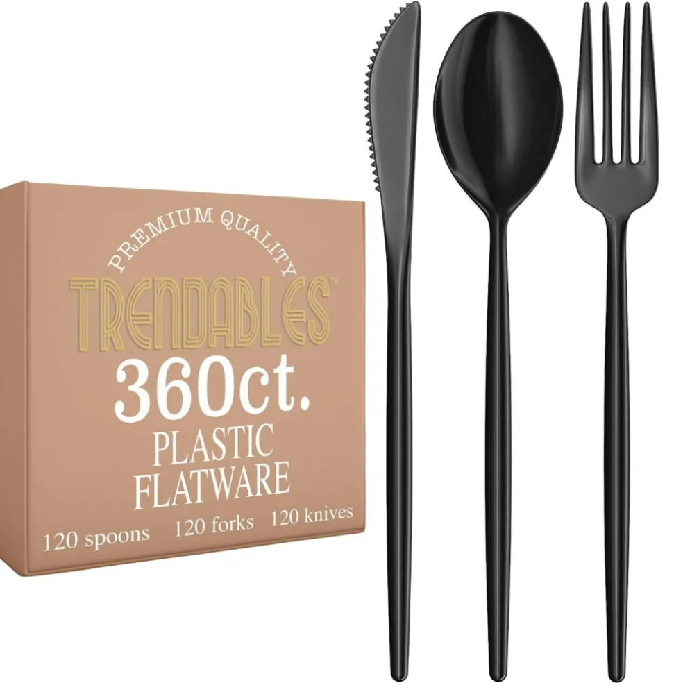 Trendables Disposable Silverware Set - Wedding Plastic Cutlery Dinnerware - Includes modern Forks, Plastic Spoons, disposable Knives - reflective Plastic Utensils Party Set