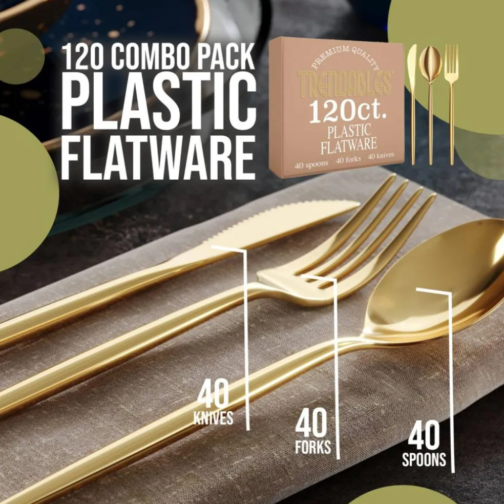 Trendables Disposable Silverware Set - Wedding Plastic Cutlery Dinnerware - Includes modern Forks, Plastic Spoons, disposable Knives - reflective Plastic Utensils Party Set