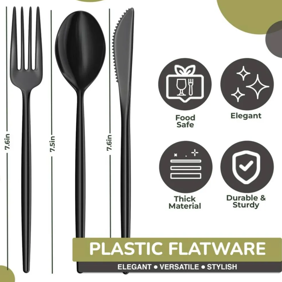 Trendables Disposable Silverware Set - Wedding Plastic Cutlery Dinnerware - Includes modern Forks, Plastic Spoons, disposable Knives - reflective Plastic Utensils Party Set