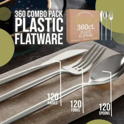 Trendables Disposable Silverware Set - Wedding Plastic Cutlery Dinnerware - Includes modern Forks, Plastic Spoons, disposable Knives - reflective Plastic Utensils Party Set