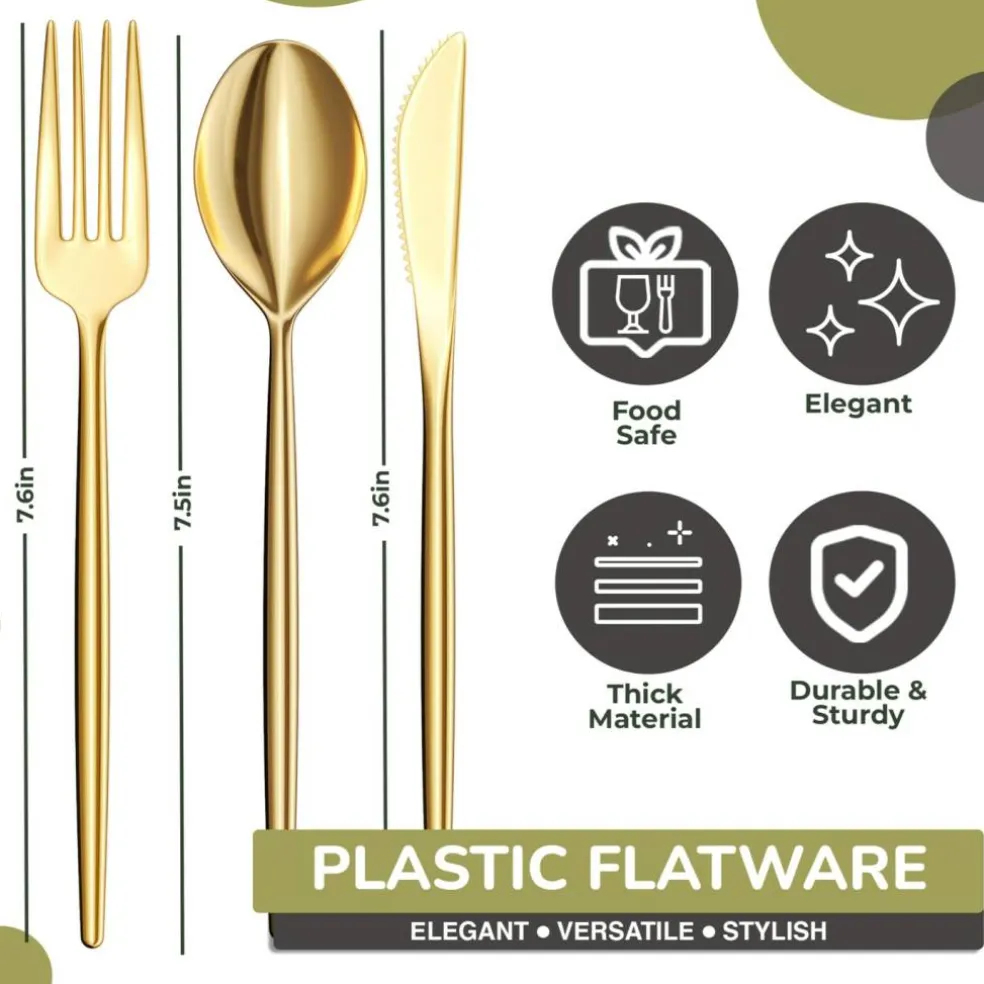 Trendables Disposable Silverware Set - Wedding Plastic Cutlery Dinnerware - Includes modern Forks, Plastic Spoons, disposable Knives - reflective Plastic Utensils Party Set