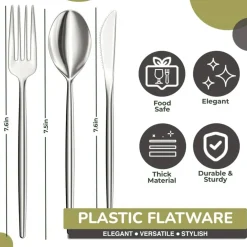 Trendables Disposable Silverware Set - Wedding Plastic Cutlery Dinnerware - Includes modern Forks, Plastic Spoons, disposable Knives - reflective Plastic Utensils Party Set