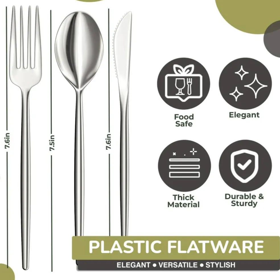 Trendables Disposable Silverware Set - Wedding Plastic Cutlery Dinnerware - Includes modern Forks, Plastic Spoons, disposable Knives - reflective Plastic Utensils Party Set