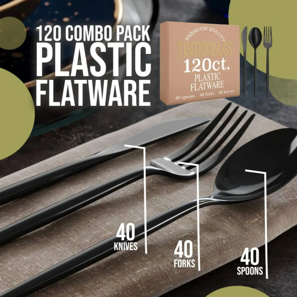 Trendables Disposable Silverware Set - Wedding Plastic Cutlery Dinnerware - Includes modern Forks, Plastic Spoons, disposable Knives - reflective Plastic Utensils Party Set