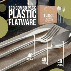 Trendables Disposable Silverware Set - Wedding Plastic Cutlery Dinnerware - Includes modern Forks, Plastic Spoons, disposable Knives - reflective Plastic Utensils Party Set
