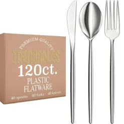 Trendables Disposable Silverware Set - Wedding Plastic Cutlery Dinnerware - Includes modern Forks, Plastic Spoons, disposable Knives - reflective Plastic Utensils Party Set