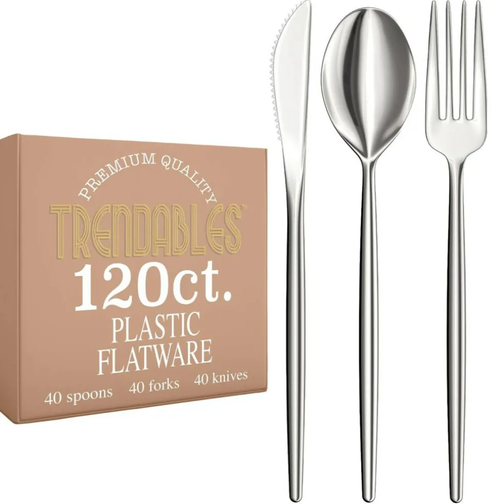 Trendables Disposable Silverware Set - Wedding Plastic Cutlery Dinnerware - Includes modern Forks, Plastic Spoons, disposable Knives - reflective Plastic Utensils Party Set