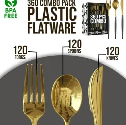 Trendables Disposable Silverware Set - Wedding Plastic Cutlery Dinnerware - Includes two toned Forks, Plastic Spoons, two colored Knives - reflective Plastic Utensils Party Set