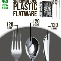 Trendables Disposable Silverware Set - Wedding Plastic Cutlery Dinnerware - Includes two toned Forks, Plastic Spoons, two colored Knives - reflective Plastic Utensils Party Set