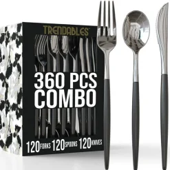 Trendables Disposable Silverware Set - Wedding Plastic Cutlery Dinnerware - Includes two toned Forks, Plastic Spoons, two colored Knives - reflective Plastic Utensils Party Set