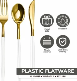 Trendables Disposable Silverware Set - Wedding Plastic Cutlery Dinnerware - Includes two toned Forks, Plastic Spoons, two colored Knives - reflective Plastic Utensils Party Set