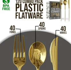 Trendables Disposable Silverware Set - Wedding Plastic Cutlery Dinnerware - Includes two toned Forks, Plastic Spoons, two colored Knives - reflective Plastic Utensils Party Set