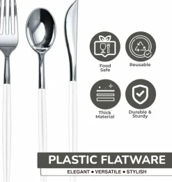 Trendables Disposable Silverware Set - Wedding Plastic Cutlery Dinnerware - Includes two toned Forks, Plastic Spoons, two colored Knives - reflective Plastic Utensils Party Set