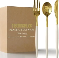 Trendables Disposable Silverware Set - Wedding Plastic Cutlery Dinnerware - Includes two toned Forks, Plastic Spoons, two colored Knives - reflective Plastic Utensils Party Set