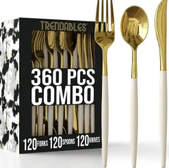 Trendables Disposable Silverware Set - Wedding Plastic Cutlery Dinnerware - Includes two toned Forks, Plastic Spoons, two colored Knives - reflective Plastic Utensils Party Set