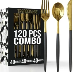 Trendables Disposable Silverware Set - Wedding Plastic Cutlery Dinnerware - Includes two toned Forks, Plastic Spoons, two colored Knives - reflective Plastic Utensils Party Set