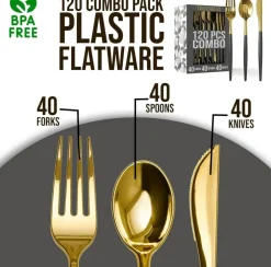 Trendables Disposable Silverware Set - Wedding Plastic Cutlery Dinnerware - Includes two toned Forks, Plastic Spoons, two colored Knives - reflective Plastic Utensils Party Set