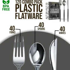 Trendables Disposable Silverware Set - Wedding Plastic Cutlery Dinnerware - Includes two toned Forks, Plastic Spoons, two colored Knives - reflective Plastic Utensils Party Set