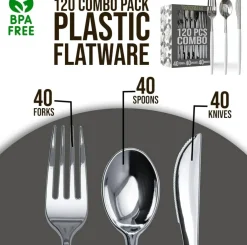 Trendables Disposable Silverware Set - Wedding Plastic Cutlery Dinnerware - Includes two toned Forks, Plastic Spoons, two colored Knives - reflective Plastic Utensils Party Set