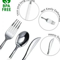 Trendables Disposable Silverware Set - Wedding Plastic Cutlery Dinnerware - Includes two toned Forks, Plastic Spoons, two colored Knives - reflective Plastic Utensils Party Set