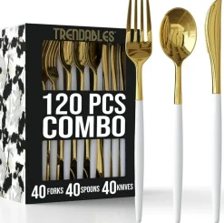 Trendables Disposable Silverware Set - Wedding Plastic Cutlery Dinnerware - Includes two toned Forks, Plastic Spoons, two colored Knives - reflective Plastic Utensils Party Set
