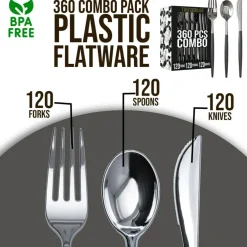 Trendables Disposable Silverware Set - Wedding Plastic Cutlery Dinnerware - Includes two toned Forks, Plastic Spoons, two colored Knives - reflective Plastic Utensils Party Set