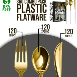 Trendables Disposable Silverware Set - Wedding Plastic Cutlery Dinnerware - Includes two toned Forks, Plastic Spoons, two colored Knives - reflective Plastic Utensils Party Set