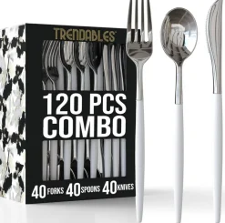 Trendables Disposable Silverware Set - Wedding Plastic Cutlery Dinnerware - Includes two toned Forks, Plastic Spoons, two colored Knives - reflective Plastic Utensils Party Set
