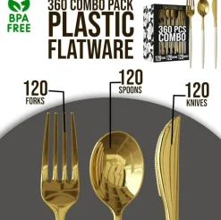 Trendables Disposable Silverware Set - Wedding Plastic Cutlery Dinnerware - Includes two toned Forks, Plastic Spoons, two colored Knives - reflective Plastic Utensils Party Set