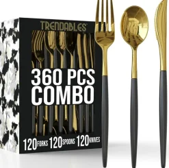 Trendables Disposable Silverware Set - Wedding Plastic Cutlery Dinnerware - Includes two toned Forks, Plastic Spoons, two colored Knives - reflective Plastic Utensils Party Set