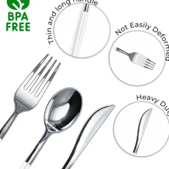 Trendables Disposable Silverware Set - Wedding Plastic Cutlery Dinnerware - Includes two toned Forks, Plastic Spoons, two colored Knives - reflective Plastic Utensils Party Set
