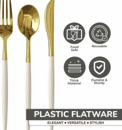 Trendables Disposable Silverware Set - Wedding Plastic Cutlery Dinnerware - Includes two toned Forks, Plastic Spoons, two colored Knives - reflective Plastic Utensils Party Set