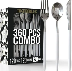 Trendables Disposable Silverware Set - Wedding Plastic Cutlery Dinnerware - Includes two toned Forks, Plastic Spoons, two colored Knives - reflective Plastic Utensils Party Set