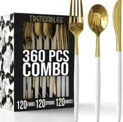 Trendables Disposable Silverware Set - Wedding Plastic Cutlery Dinnerware - Includes two toned Forks, Plastic Spoons, two colored Knives - reflective Plastic Utensils Party Set