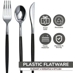 Trendables Disposable Silverware Set - Wedding Plastic Cutlery Dinnerware - Includes two toned Forks, Plastic Spoons, two colored Knives - reflective Plastic Utensils Party Set