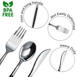 Trendables Disposable Silverware Set - Wedding Plastic Cutlery Dinnerware - Includes two toned Forks, Plastic Spoons, two colored Knives - reflective Plastic Utensils Party Set