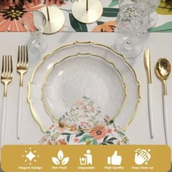 Trendables Plastic Plates for Party Fancy Plastic Dinner Plates For Guest 7.5 inch Dessert Plates & 10 Inch Thin Delicate Disposable Dinnerware Charger Plate Set