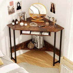 Triangle Corner Desk with Built-in Charging, Keyboard Tray & Storage