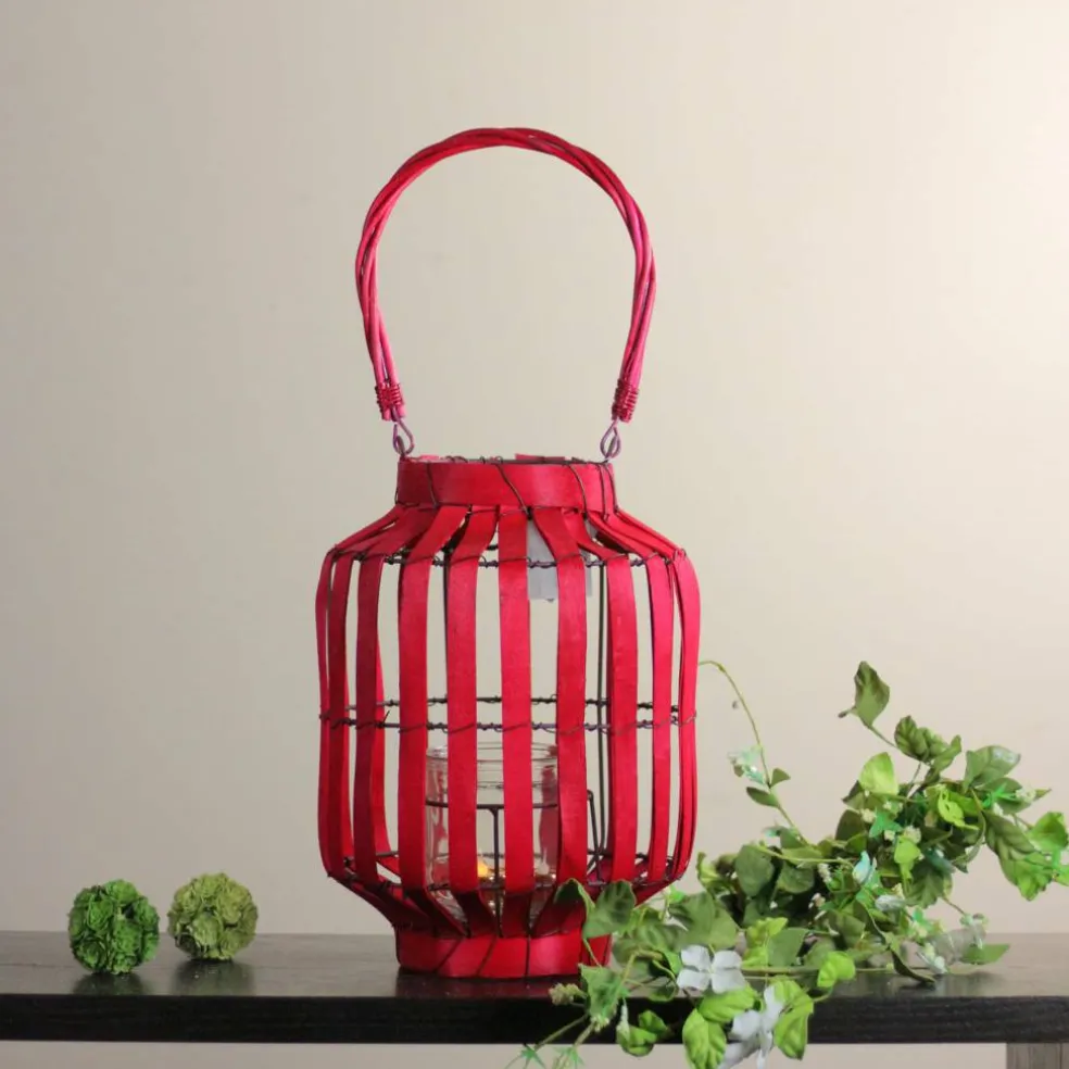 20" Tropicalia Tiki Bar Votive Candle Holder Lantern, Blush Red