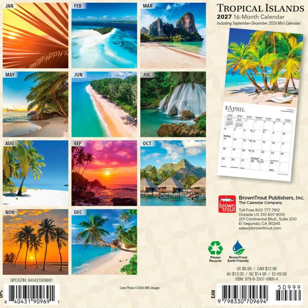 Tropical Islands | 2027 7 x 14 Inch (Hanging) Monthly Mini Wall Calendar