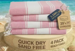 Turkish Beach Towel Set of 4 - Beach Towels, Pre-Washed Pool Towel, Extra Large Beach Towel, Quick Dry & Sand Free, Absorbent Travel Towel, 39"x71" - Candy Pink