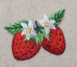 Two Strawberries with White Blossoms, Fruit, Embroidered, Iron on Patch