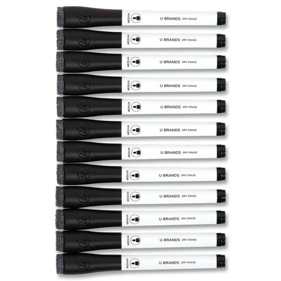 U Brands Medium Bullet Tip Medium Point Low-Odor Dry-Erase Markers with Erasers - Black (1 Dozen)