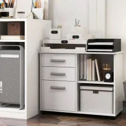 Under Desk File Cabinet with 3 Drawers, Mobile Office Storage Cabinet with Adjustable Shelf, Locking Casters and Printer Stand, 32" White Filing Cabinet