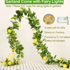 Upgraded Dense Artificial Lemon Garland with Lights Spring Summer Greenery Lemon Vine Plants Faux Fruit Cute Flowers Hanging Wreath for Wedding Home Garden Mantel Table Party Christmas Decor