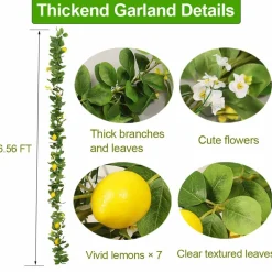 Upgraded Dense Artificial Lemon Garland with Lights Spring Summer Greenery Lemon Vine Plants Faux Fruit Cute Flowers Hanging Wreath for Wedding Home Garden Mantel Table Party Christmas Decor