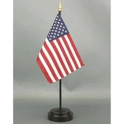 USA Desk Flag with Base; American Made Rayon 4x6 inch Miniature Table Set Includes One Small Mini Country Stick Flags and One Black Stand